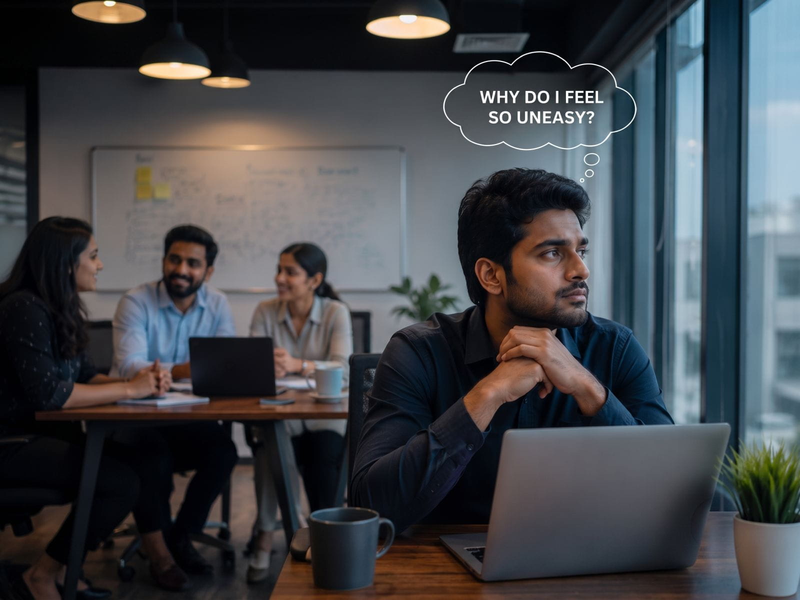 Man distracted in an office meeting, feeling uneasy
