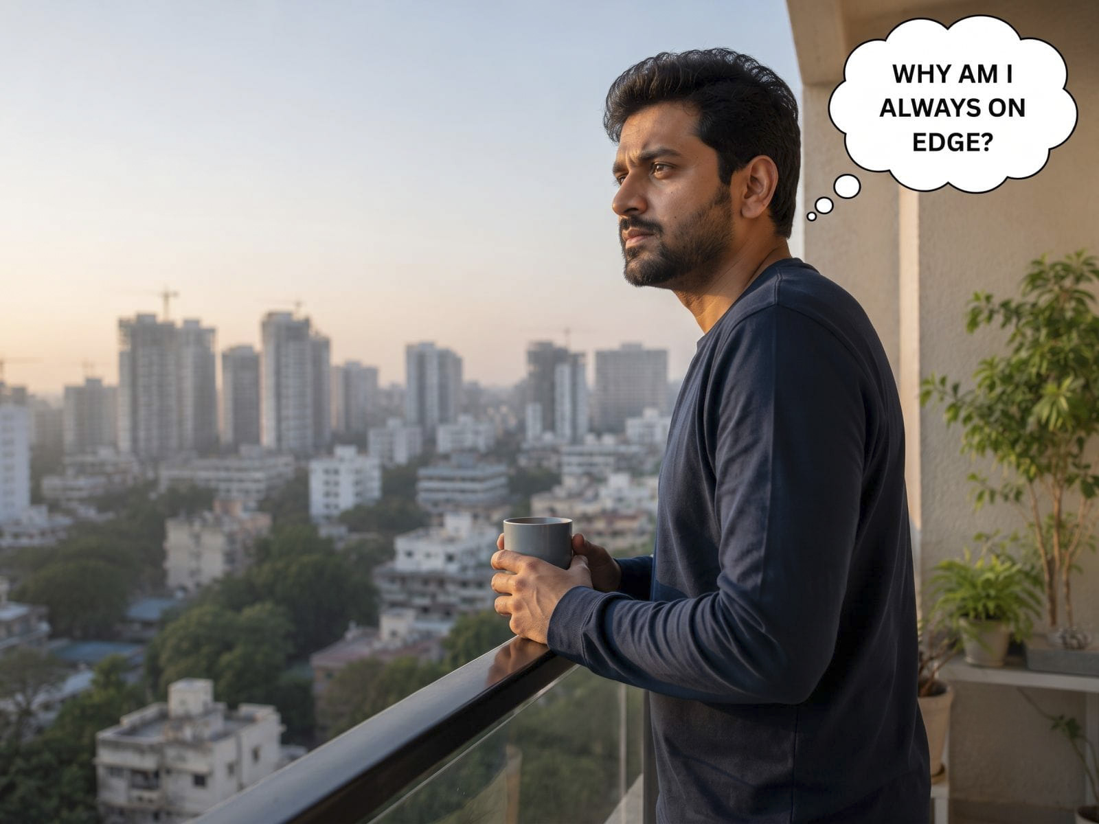 Man on a balcony at sunrise, feeling on edge