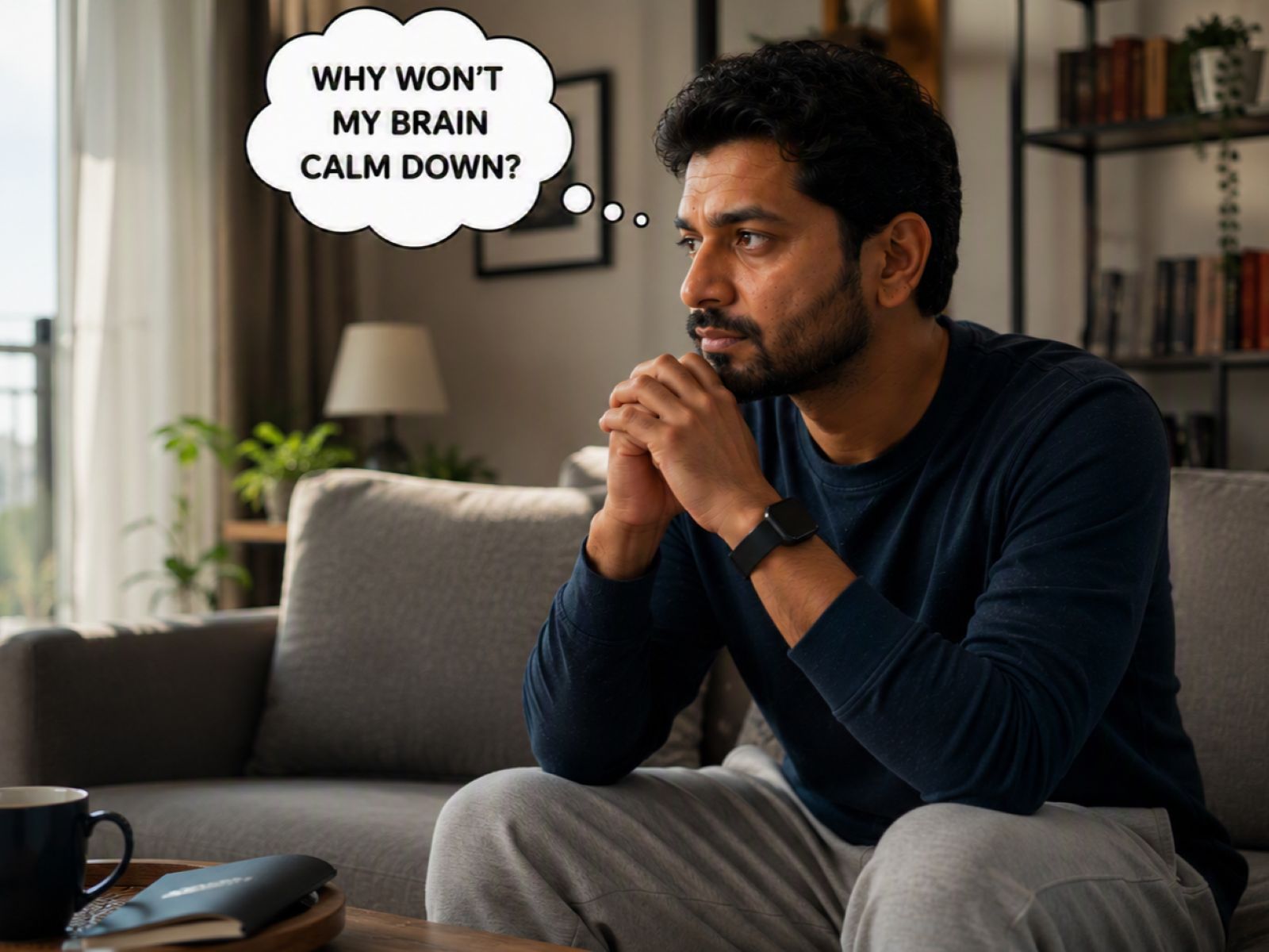 Man sitting on a couch, tense, wondering why his brain will not calm down