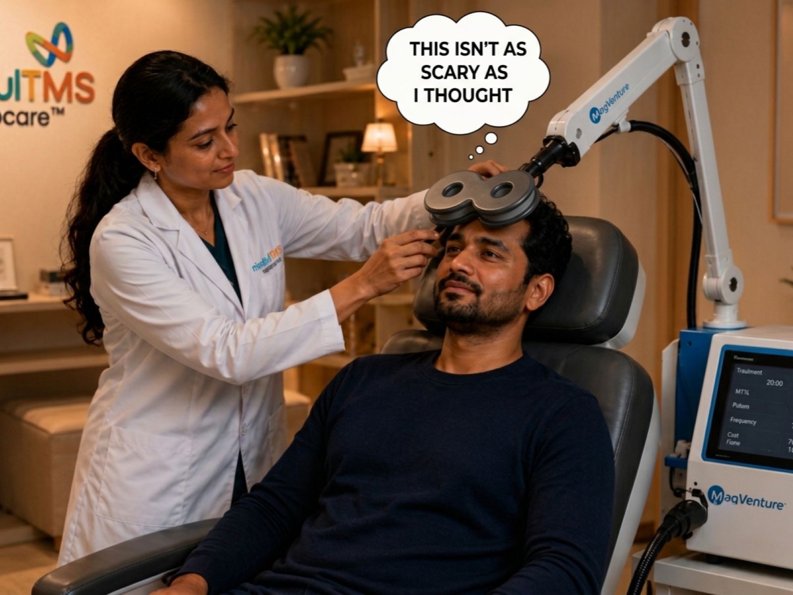MindfulTMS clinician placing the rTMS coil against a seated patient's head
