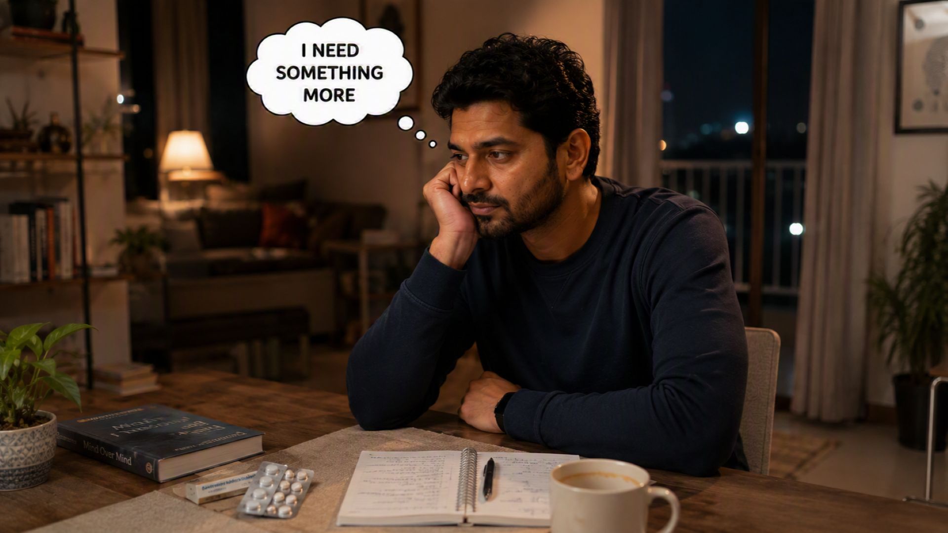 Man sitting alone at a table late at night, needing something more