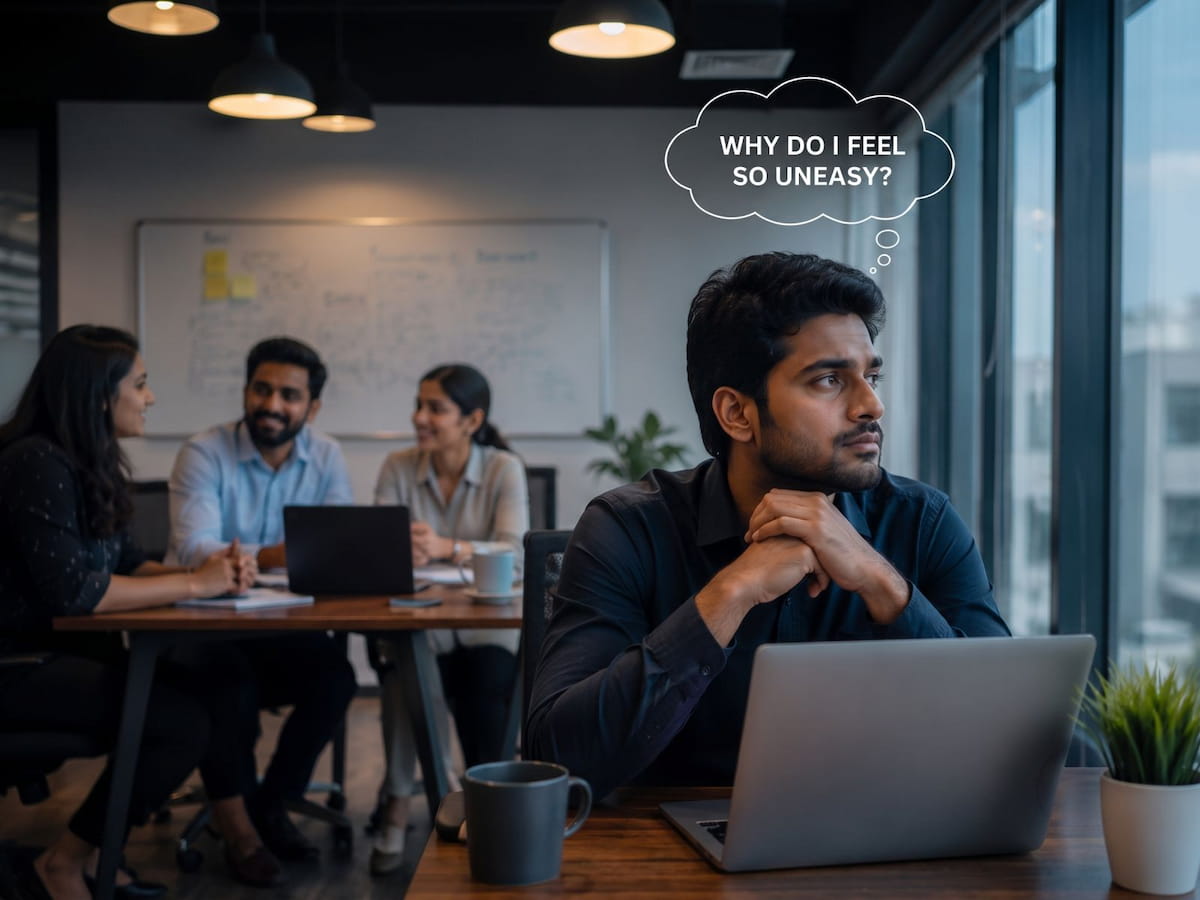 Man distracted in an office meeting, feeling uneasy
