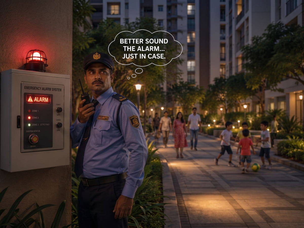 Security guard sounding an alarm at night while families walk safely nearby