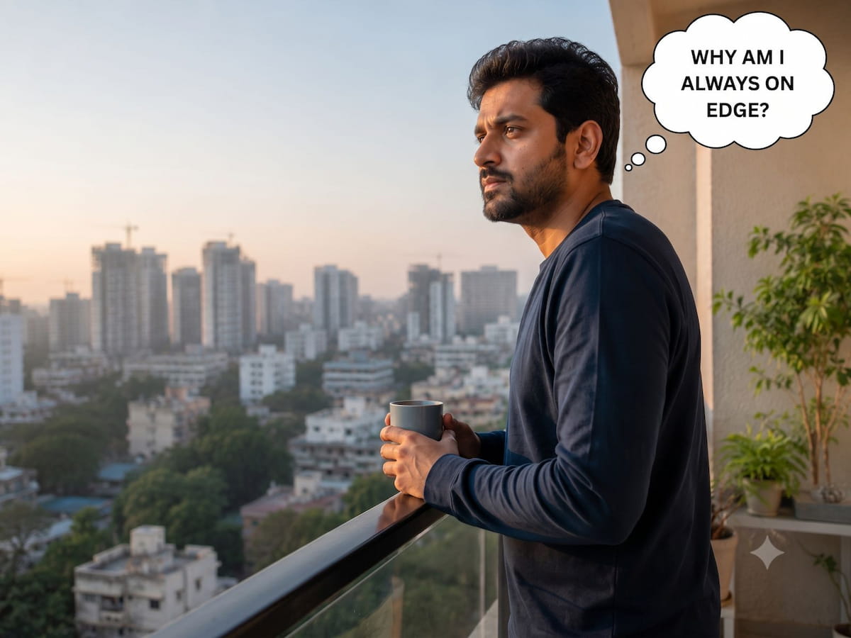 Man on a balcony at sunrise, feeling on edge