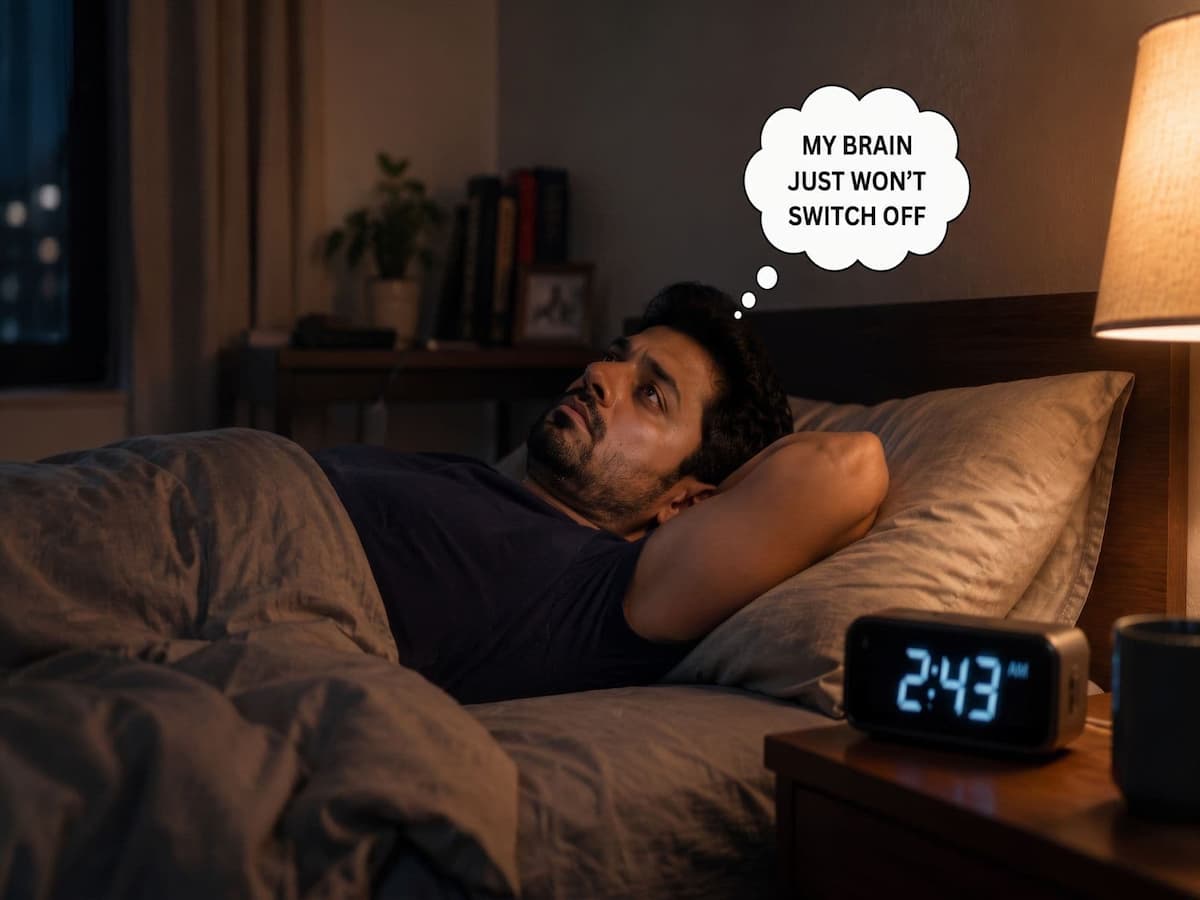 Man lying awake at 2:43 AM, unable to switch his brain off