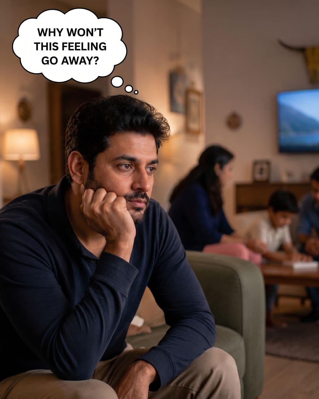 Man distracted on the couch while his family carries on normally