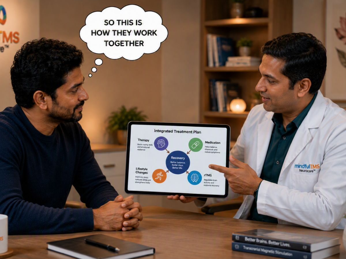 Consultation showing an integrated treatment plan connecting therapy and rTMS