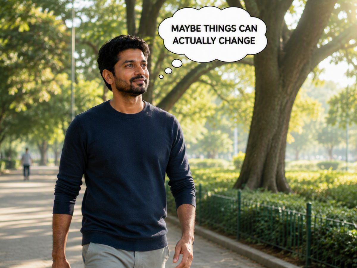 Man walking through a sunny, green park, relaxed and hopeful