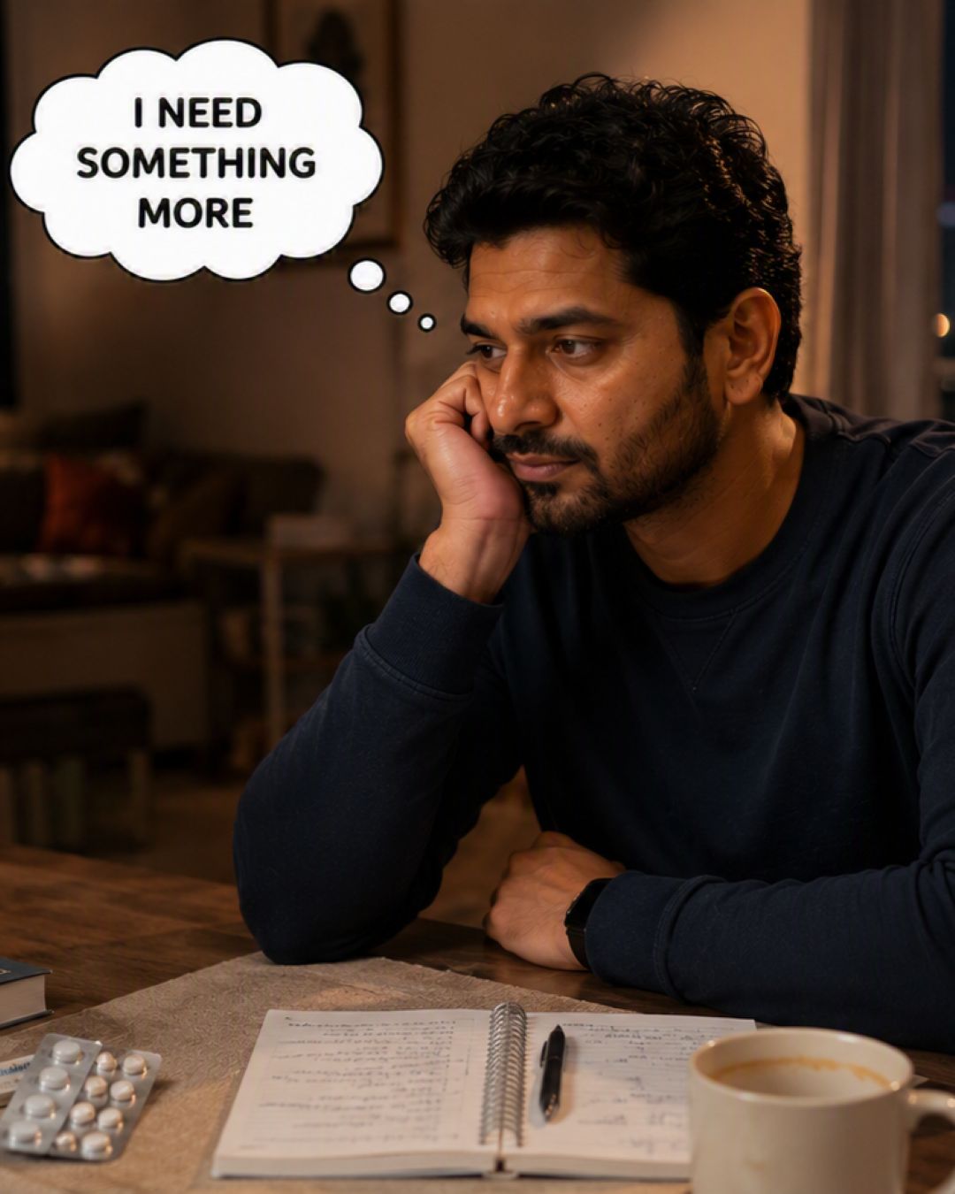 Man sitting alone at a table late at night, needing something more