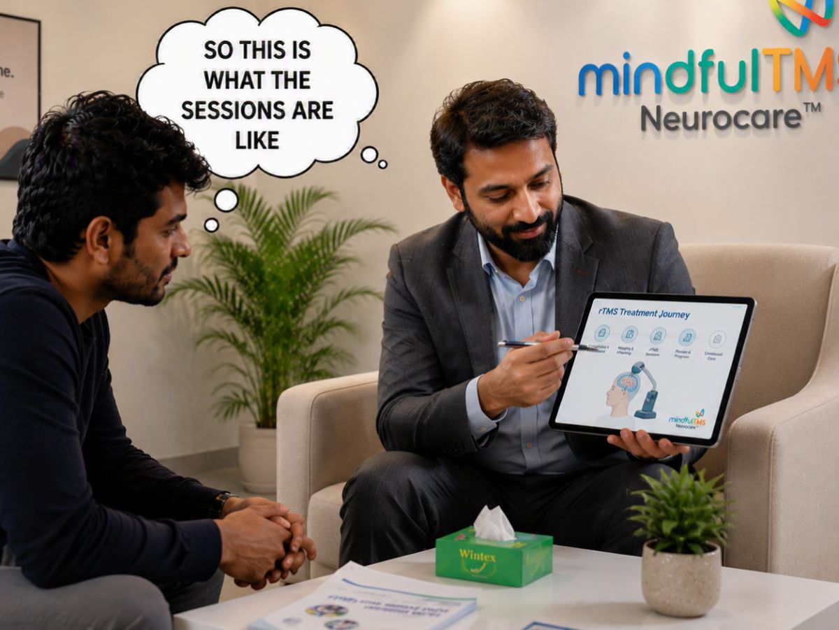 MindfulTMS clinician placing the rTMS coil on a patient