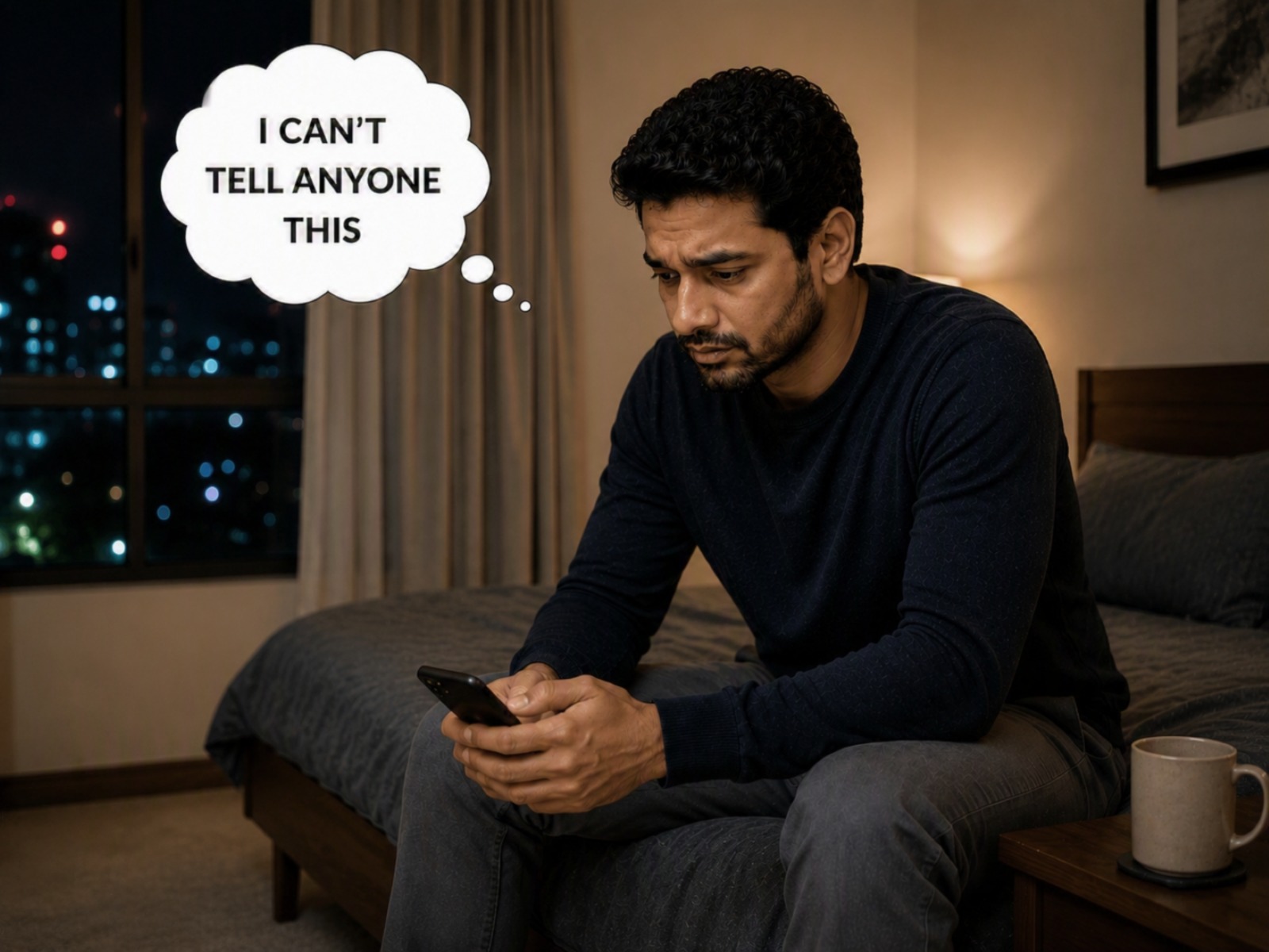 Man searching about intrusive thoughts on his phone late at night