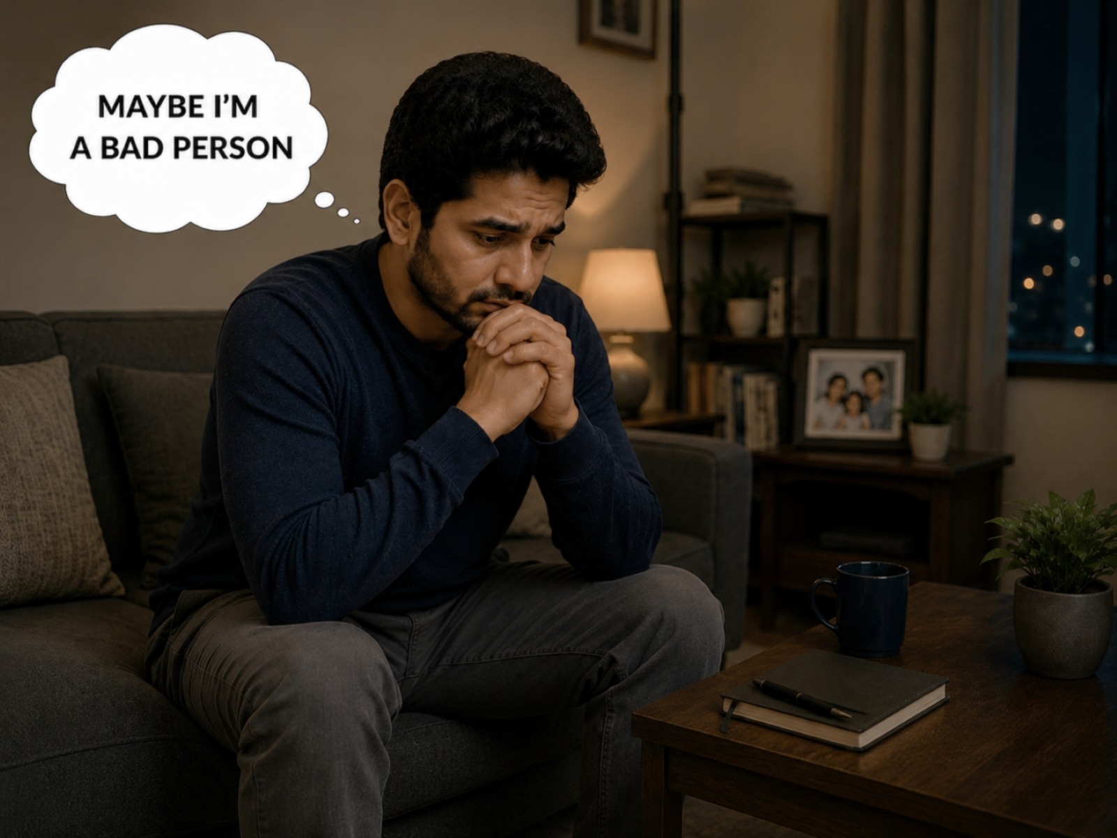 Man feeling guilt and shame over intrusive thoughts about faith