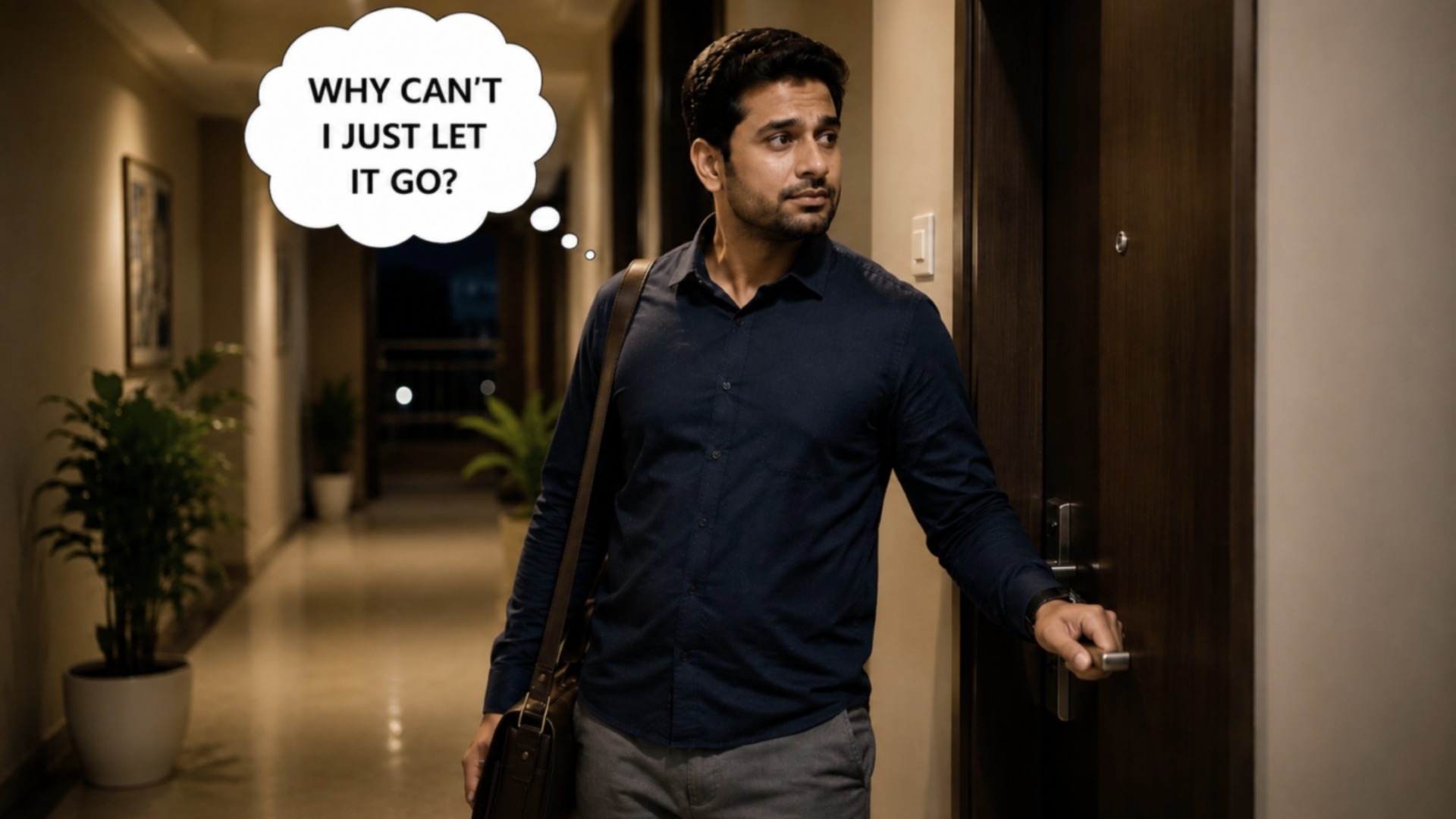 Man at the door unable to let go of the doubt, a sign of intrusive thoughts