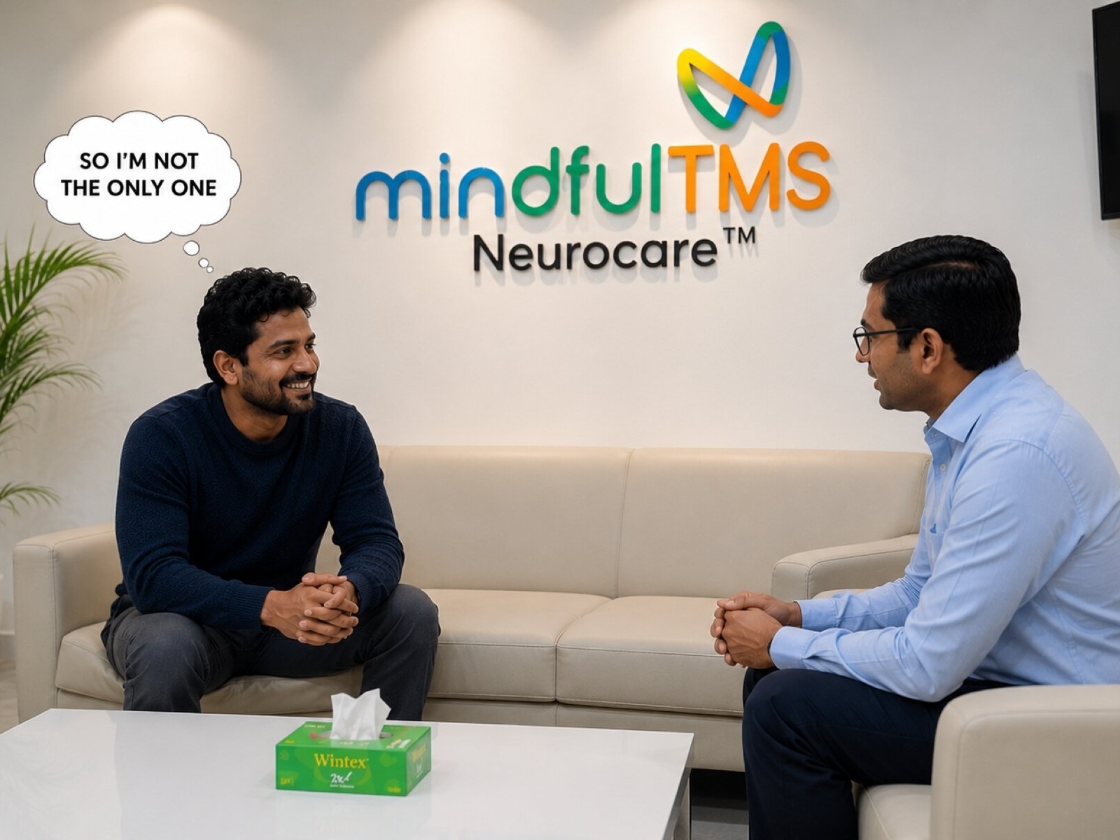 Man feeling relieved during an OCD consultation at MindfulTMS