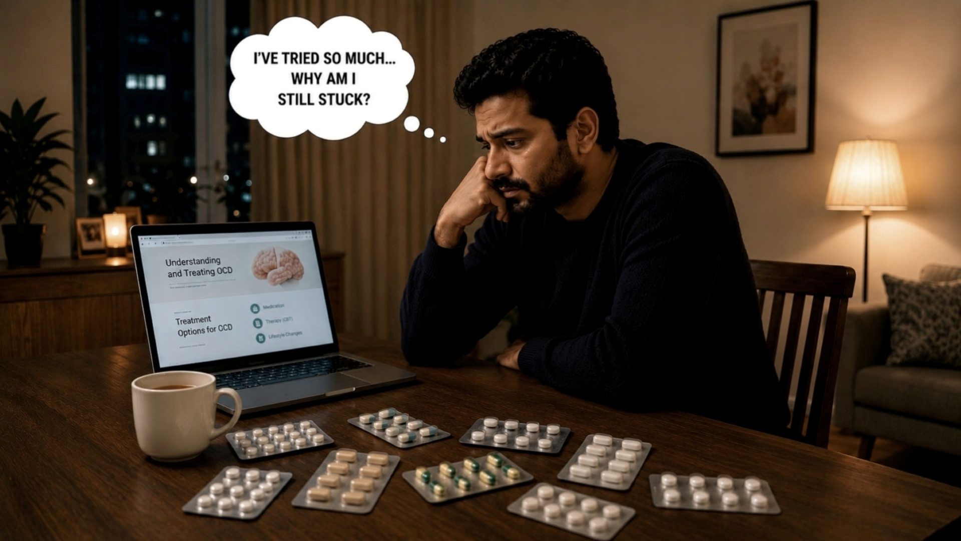 Man reading about OCD treatment after medicines have not helped enough