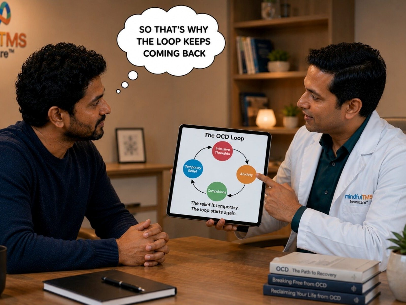 MindfulTMS doctor explaining the OCD loop to a patient during a consultation