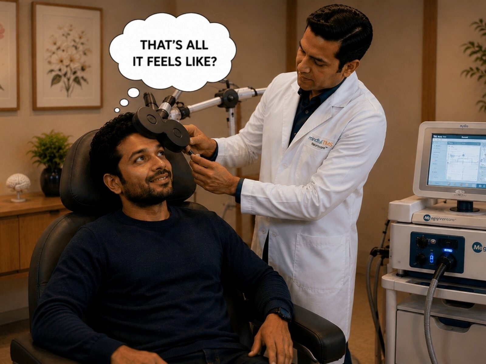 MindfulTMS doctor placing the rTMS coil on a seated patient's head during a session