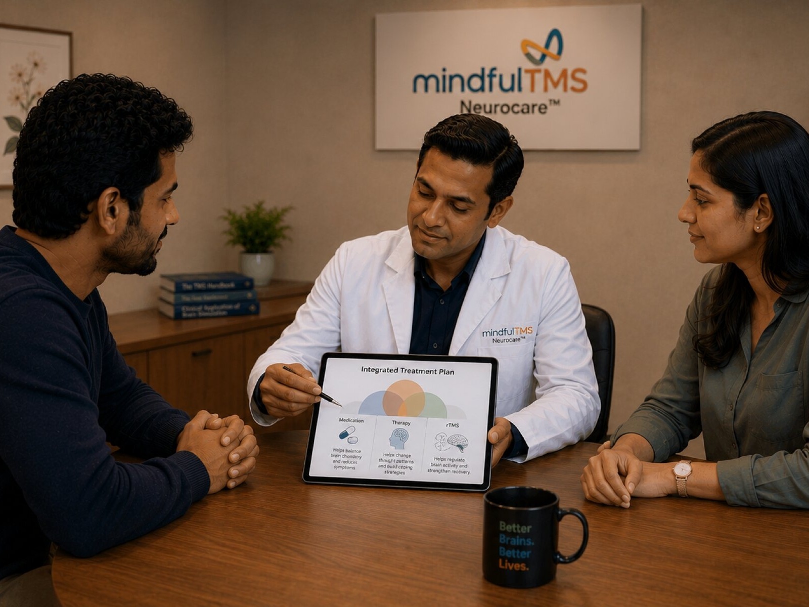 Patient and family member reviewing an integrated OCD treatment plan with a MindfulTMS doctor