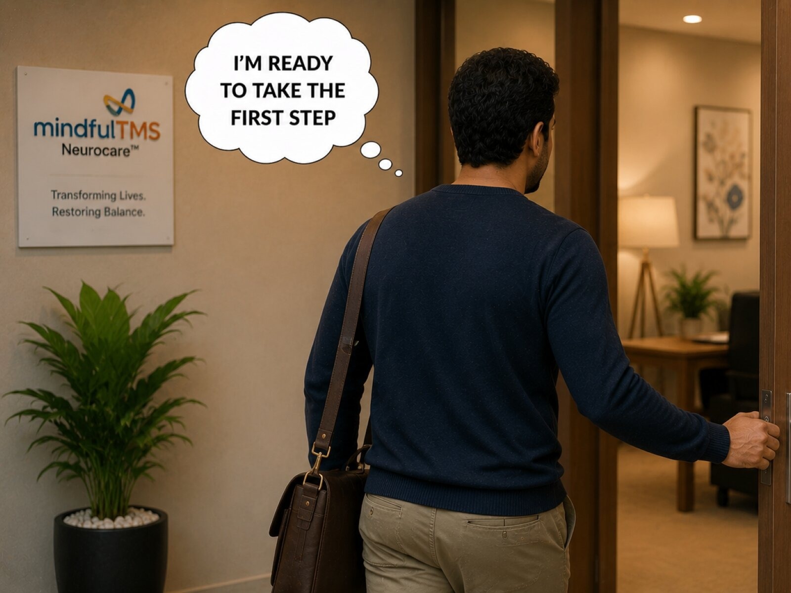 Man walking through the door into a MindfulTMS clinic, ready to take the first step
