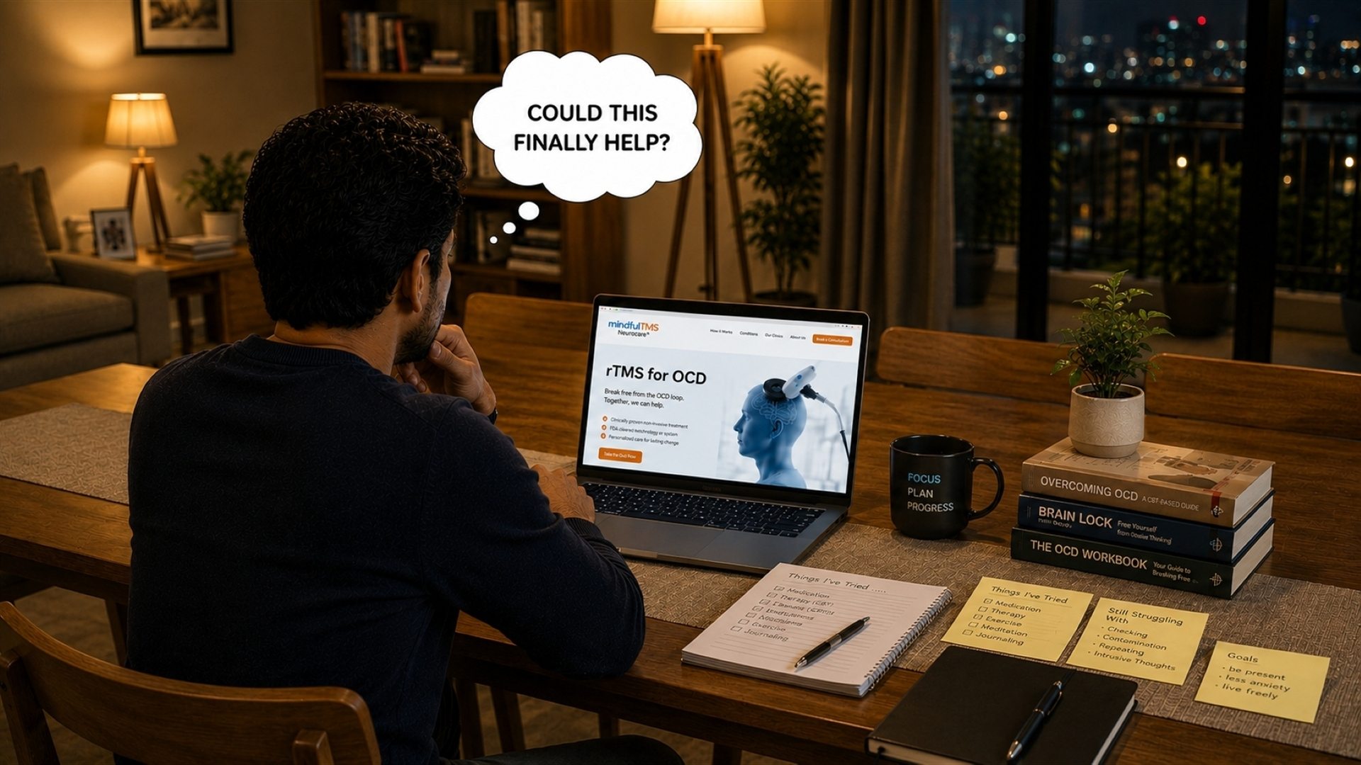 Man researching rTMS for OCD at night, wondering if it could finally help