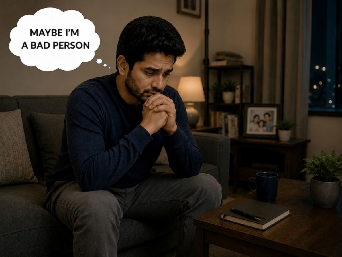 Man feeling guilt and shame over intrusive thoughts about faith