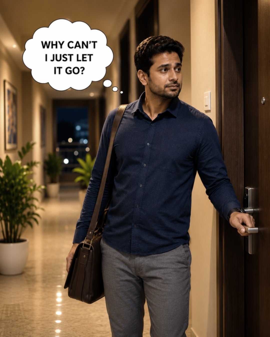 Man at the door unable to let go of the doubt, a sign of intrusive thoughts