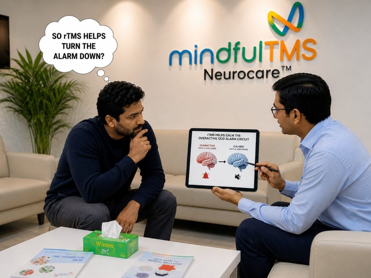 Diagram showing how rTMS calms the overactive OCD brain circuit