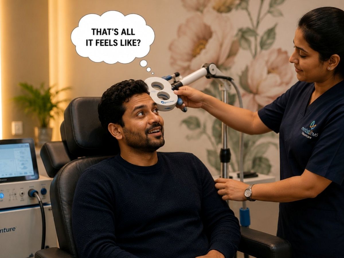 Patient receiving an rTMS session for OCD at a MindfulTMS clinic