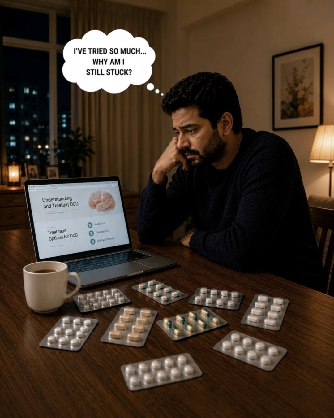 Man reading about OCD treatment after medicines have not helped enough
