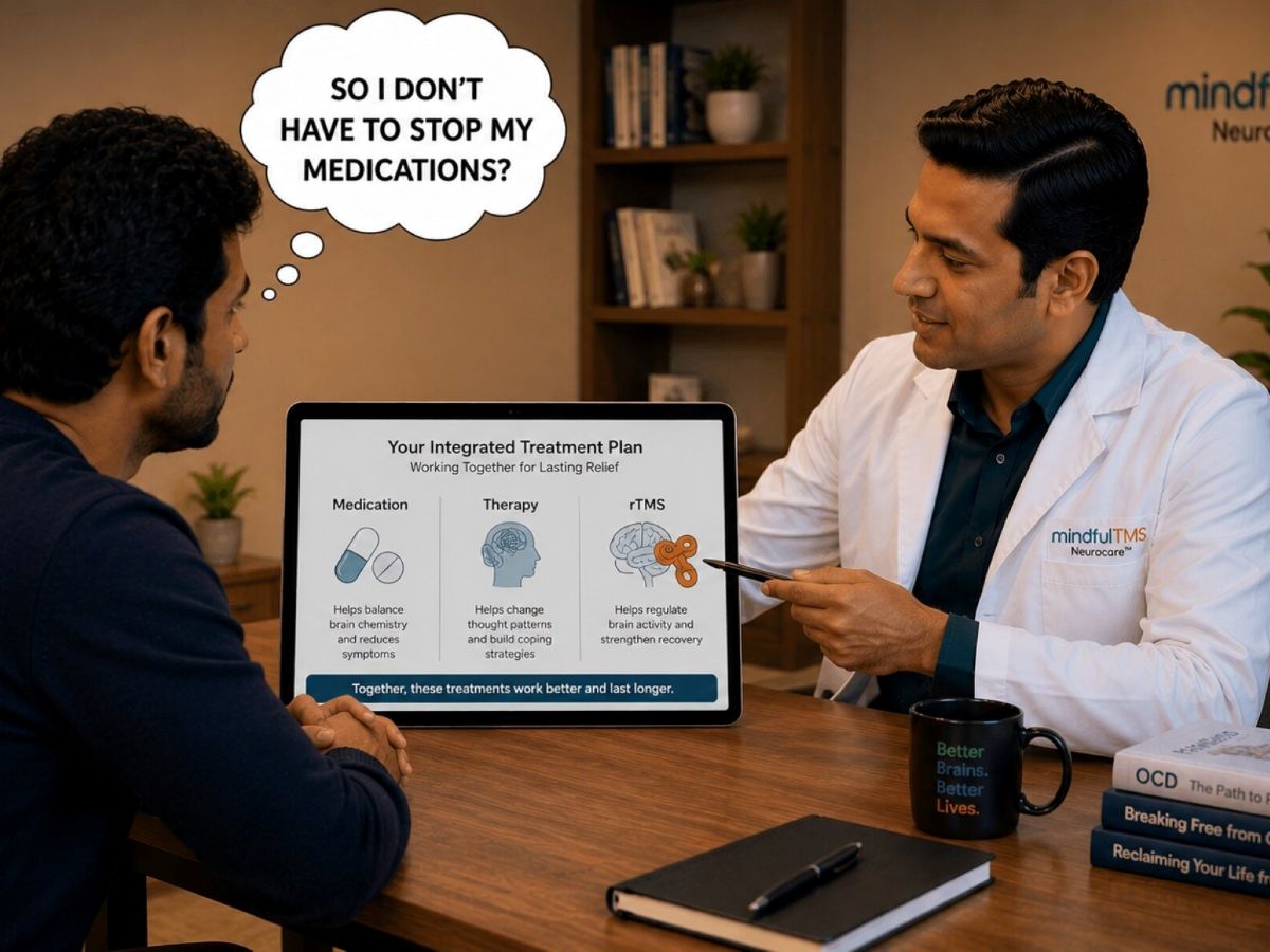Integrated OCD treatment plan showing medication, therapy and rTMS working together