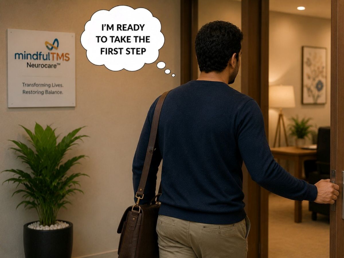Man walking through the door into a MindfulTMS clinic, ready to take the first step
