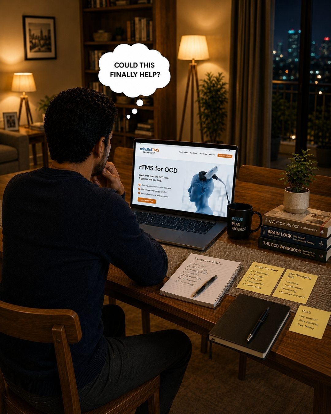 Man researching rTMS for OCD at night, wondering if it could finally help